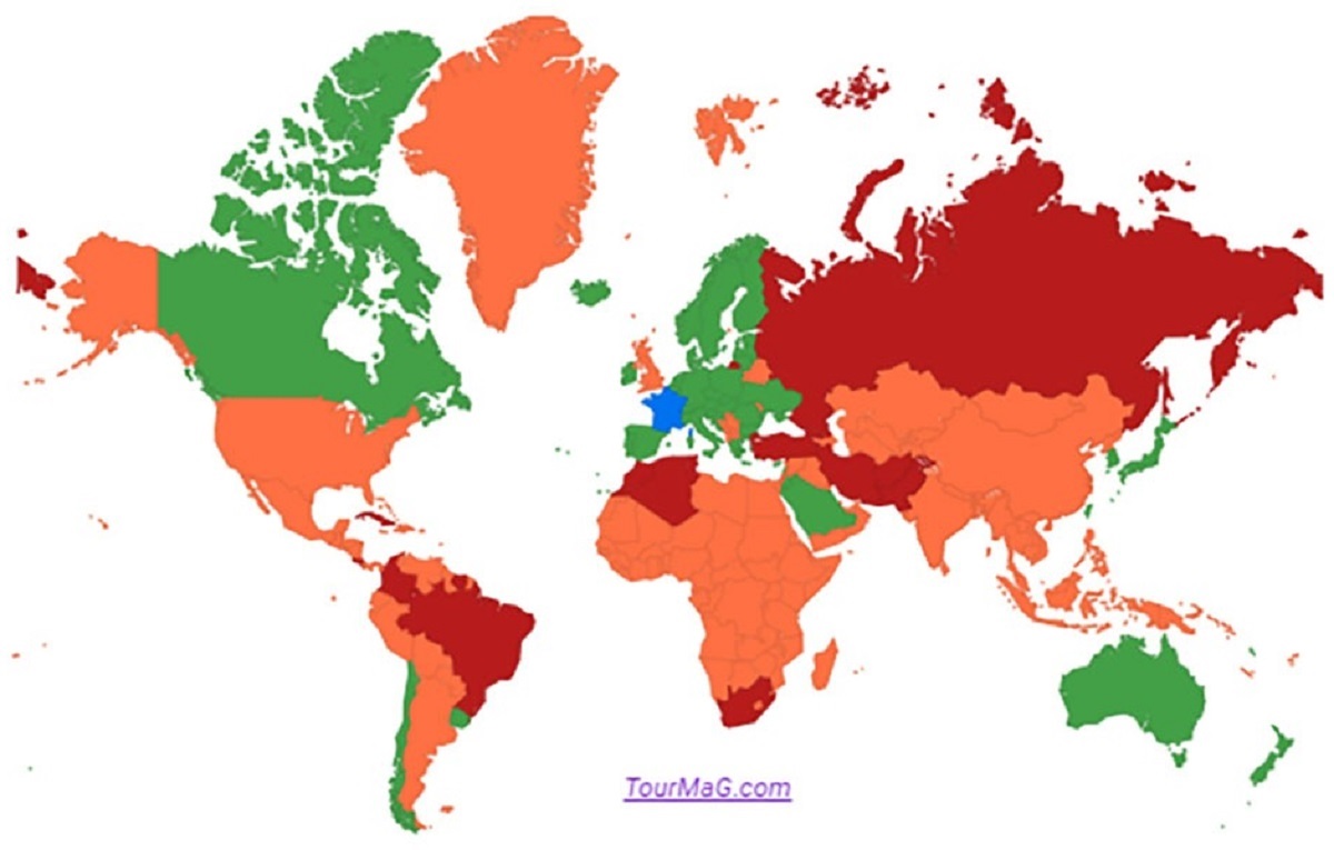 La liste des pays verts, orange et rouges a évolué. L'Argentine, le Bangladesh, l'Indonésie, le Mozambique, la Namibie, le Népal, la République démocratique du Congo et la Guyane passent du rouge à l'orange - DR : TourMaG.com