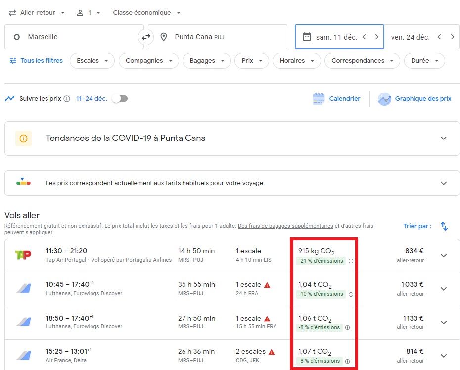 Google Flights affiche désormais les émissions de CO2 ✈️ - DR Capture écran