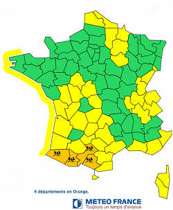 Météo France place les Pyrénées-Atlantiques (64), les Hautes-Pyrénées (65), la Haute-Garonne (31) et l’Ariège (09) en vigilance orange aux pluies - DR Météo France