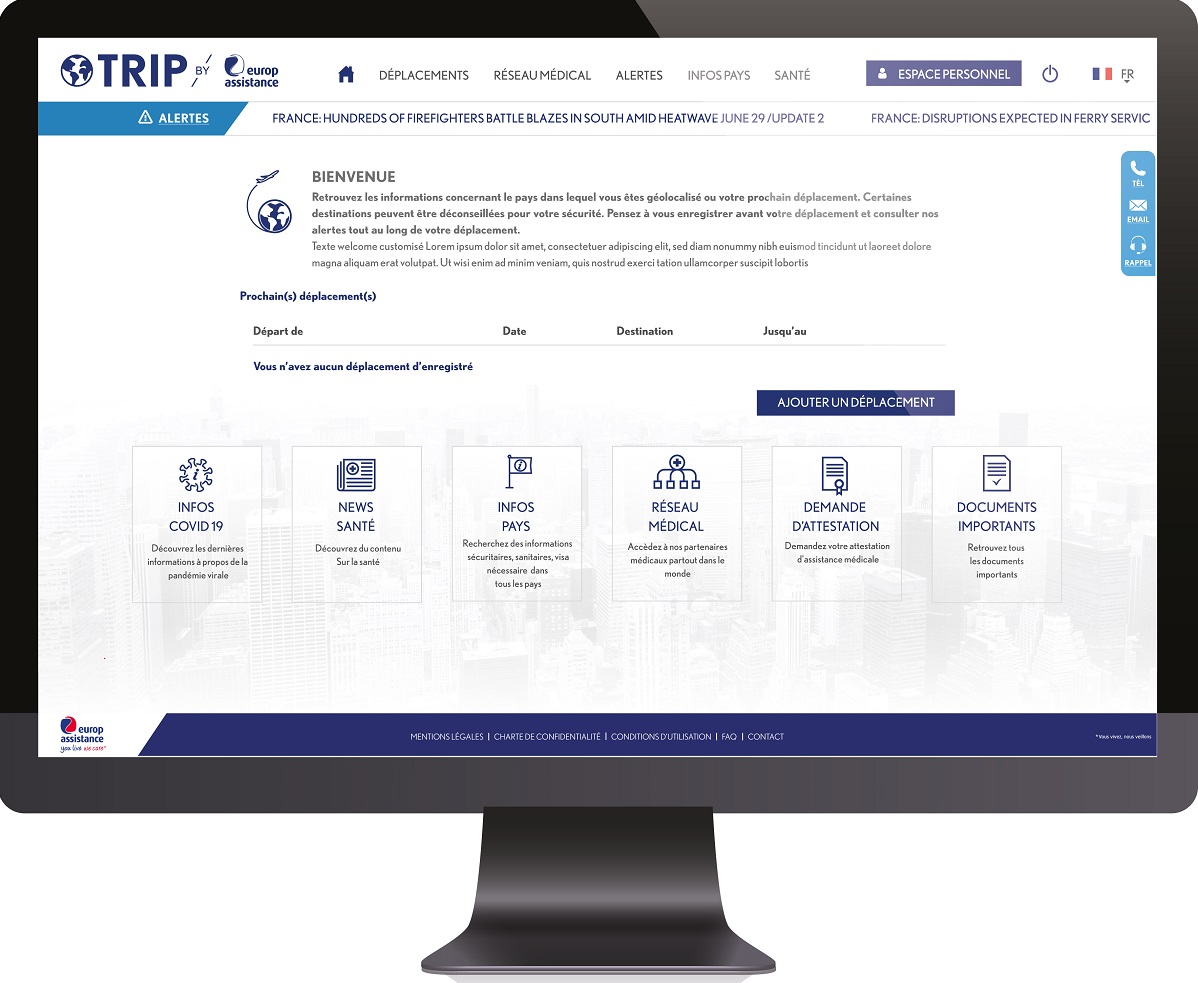 TRIP intègre de nouvelles fonctionnalités : un module d’informations Covid-19, un système d’alertes enrichies, une demande de rappel par un(e) chargé(e) d’assistance pour une assistance médicale... - DR : Europ Assistance