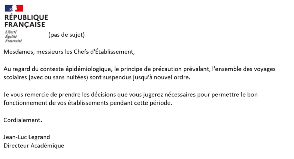 Le Directeur académique de l'Orne qui a tout simplement suspendu et jusqu'à nouvel ordre, tous les voyages scolaires, alors que le ministère de l'éducation conseille de reporter - Capture écran