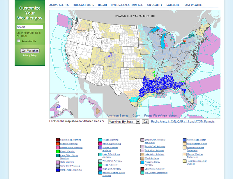La vague de froid se déplace vers le midwest, comme l'indique sur cette carte, le service de météo américain - DR : Weather.gov