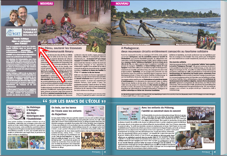 Les projets durables et l'engagement avec l'OBGET dans le catalogue général du voyagiste diffusé à 180 exemplaires. Cliquer pour voir le détail.