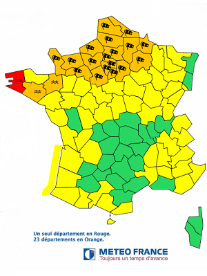Le Finistère (rouge) et 23 autres départements (orange) en vigilance par Météo France - DR : Météo France