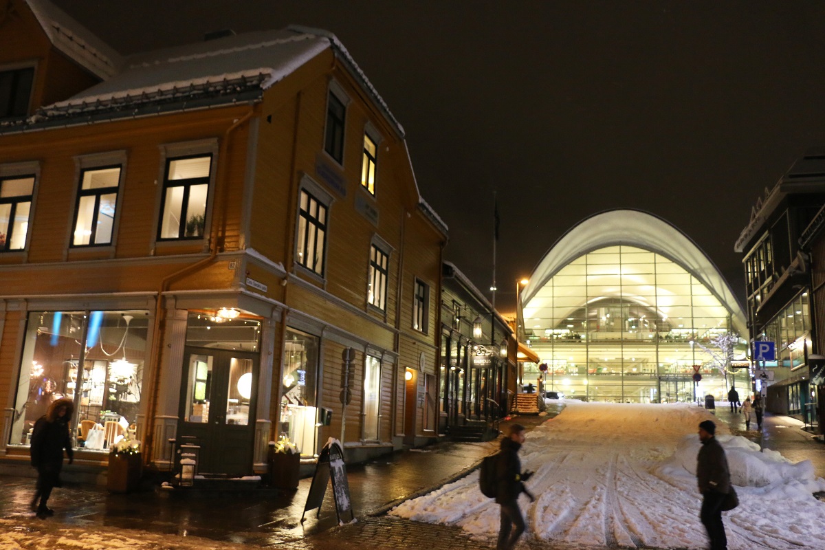 L'édifice le plus design et récent de la ville : la bibliothèque. Une superbe architecture aux « pétales » arrondis dont la lumière crue irradie dans la nuit polaire - DR : J.-F.R.