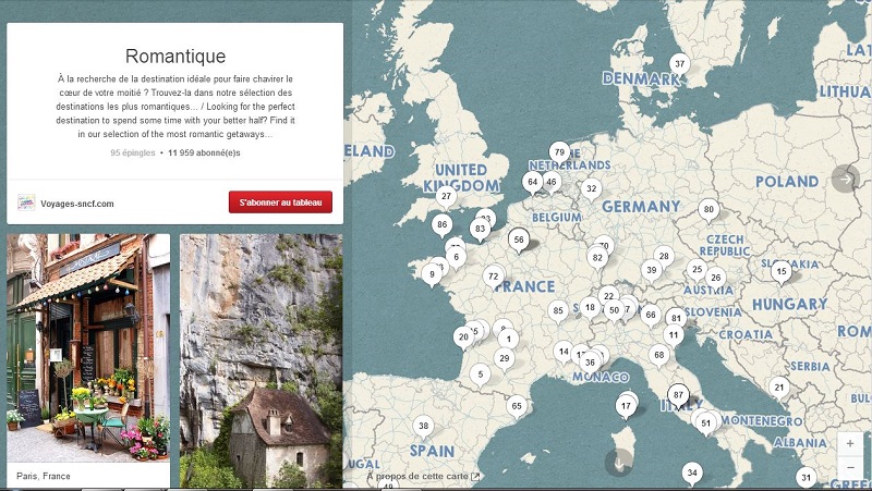 Le tableau géolocalisé de Voyages-sncf.com sur le thème "Romantique".