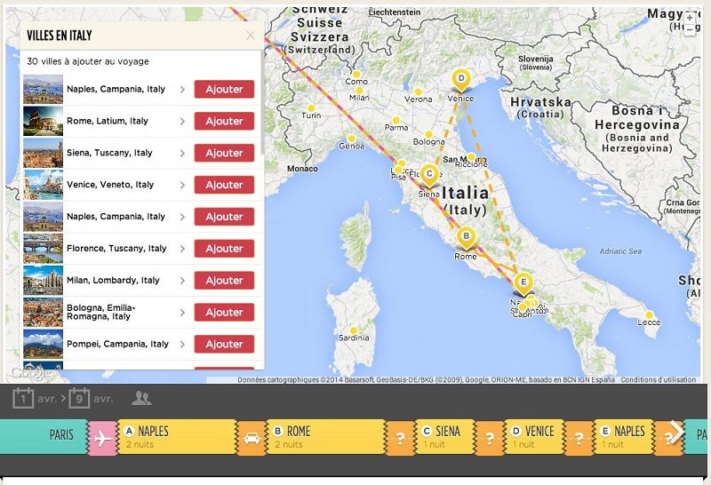 Design moderne et intuitif, le moteur de recherche permet de créer un voyage entièrement sur-mesure : à partir d’une carte géographique, l’agent de voyages peut construire un produit modulable avec son client sur une interface très visuelle.