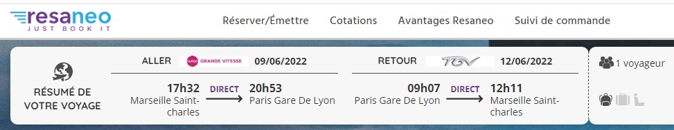 Capture d'écran du moteur de Resaneo avec l'offre TGV et OuiGo - DR