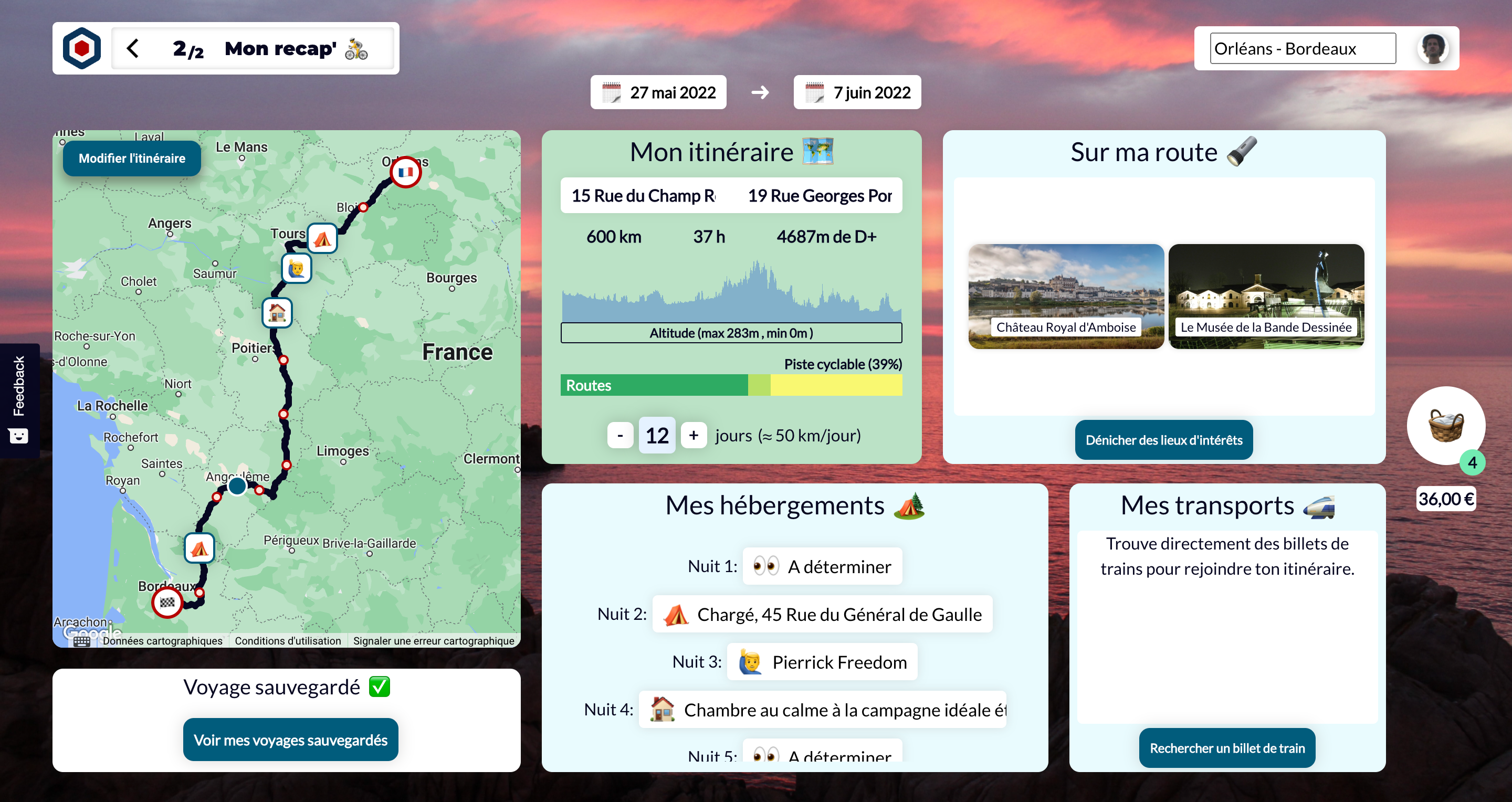 Récapitulatif d'itinéraire sur la plateforme Hexplo