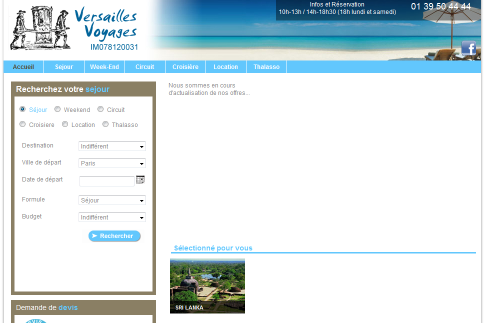 Le site internet de Versailles Voyages actuellement en construction - Capture d'écran