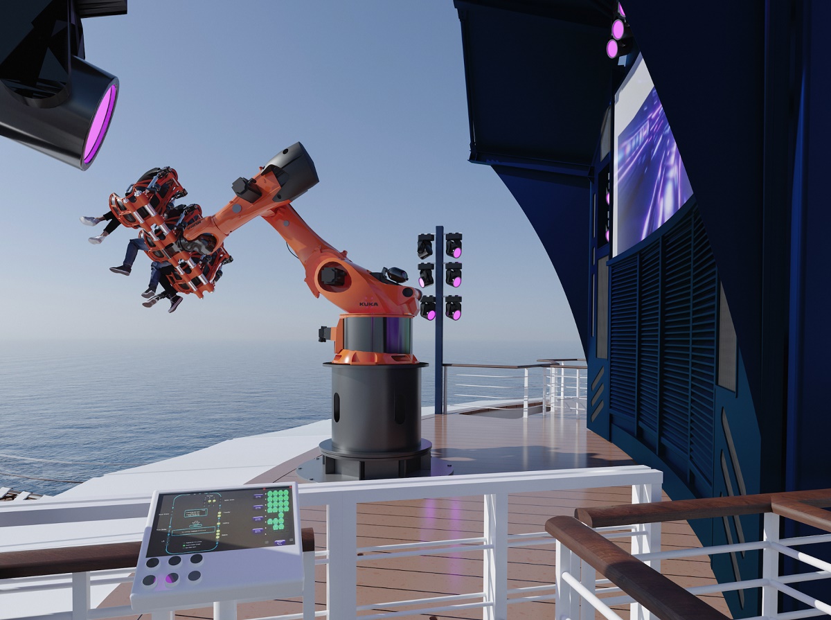 Robotron est un bras robotisé auquel est attachée une gondole pouvant accueillir jusqu’à 3 passagers, pour les faire virevolter dans tous les sens à 53 mètres au-dessus du niveau de la mer - DR : MSC Croisières
