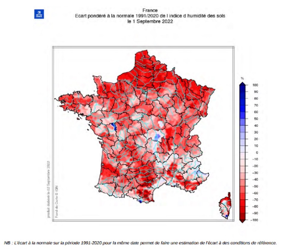 Écart à la normale de l’indice d’humidité des sols au 1er septembre 2022 - Météo France Écart à la normale de l’indice d’humidité des sols au 1er septembre 2022 - Météo France