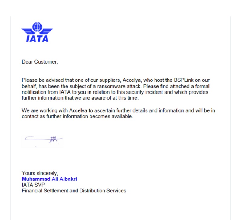 Lettre du vice-président de IATA sur le piratage d'Accelya - Capture écran Lettre du vice-président de IATA sur le piratage d'Accelya - Capture écran