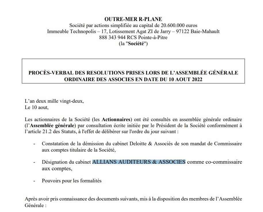 Nomination du cabinet "Allians Auditeurs & Associé" au sein d'Outre Mer R plane - Captutre écran