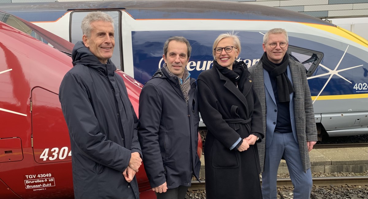 De gauche à droite, Alain Krakovitch, Directeur de TGV-Intercités, Christophe Fanichet, Directeur Général de SNCF Voyageurs, Gwendoline Cazenave, Directrice Générale du groupe Eurostar, et Georges Gilkinet, ministre fédéral belge de la Mobilité. ©David Savary