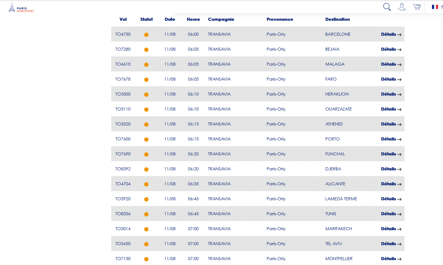 Capture d'écran de l'activité de Transavia sur une journée d'été 2023 entre 06h00 et 07h00 (site ADP)