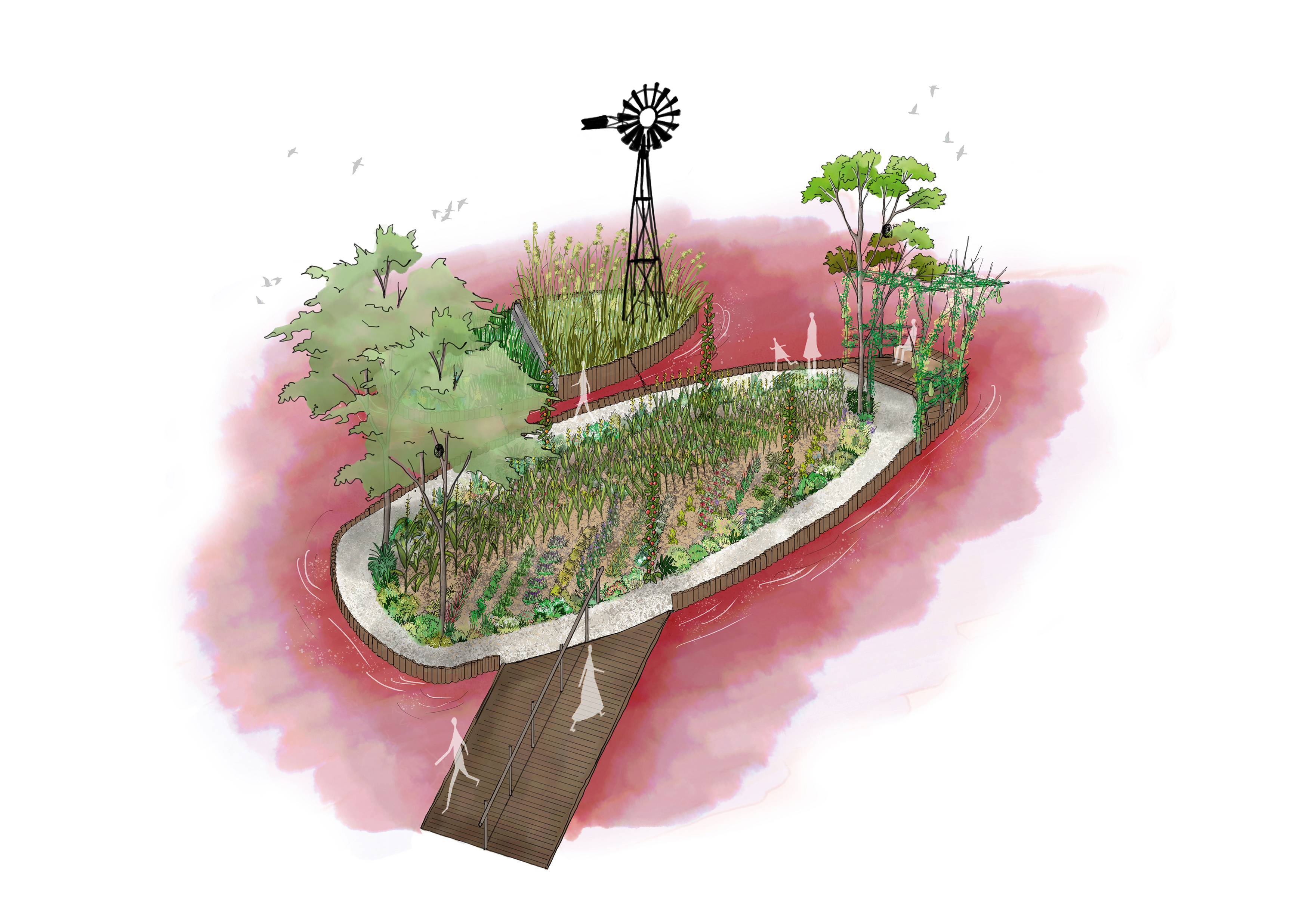 Esquisse du projet baptisé "Une (presque) île vertueuse" sélectionné par le jury du festival 2023 (@Domaine de Chaumont) Esquisse du projet baptisé "Une (presque) île vertueuse" sélectionné par le jury du festival 2023 (@Domaine de Chaumont)