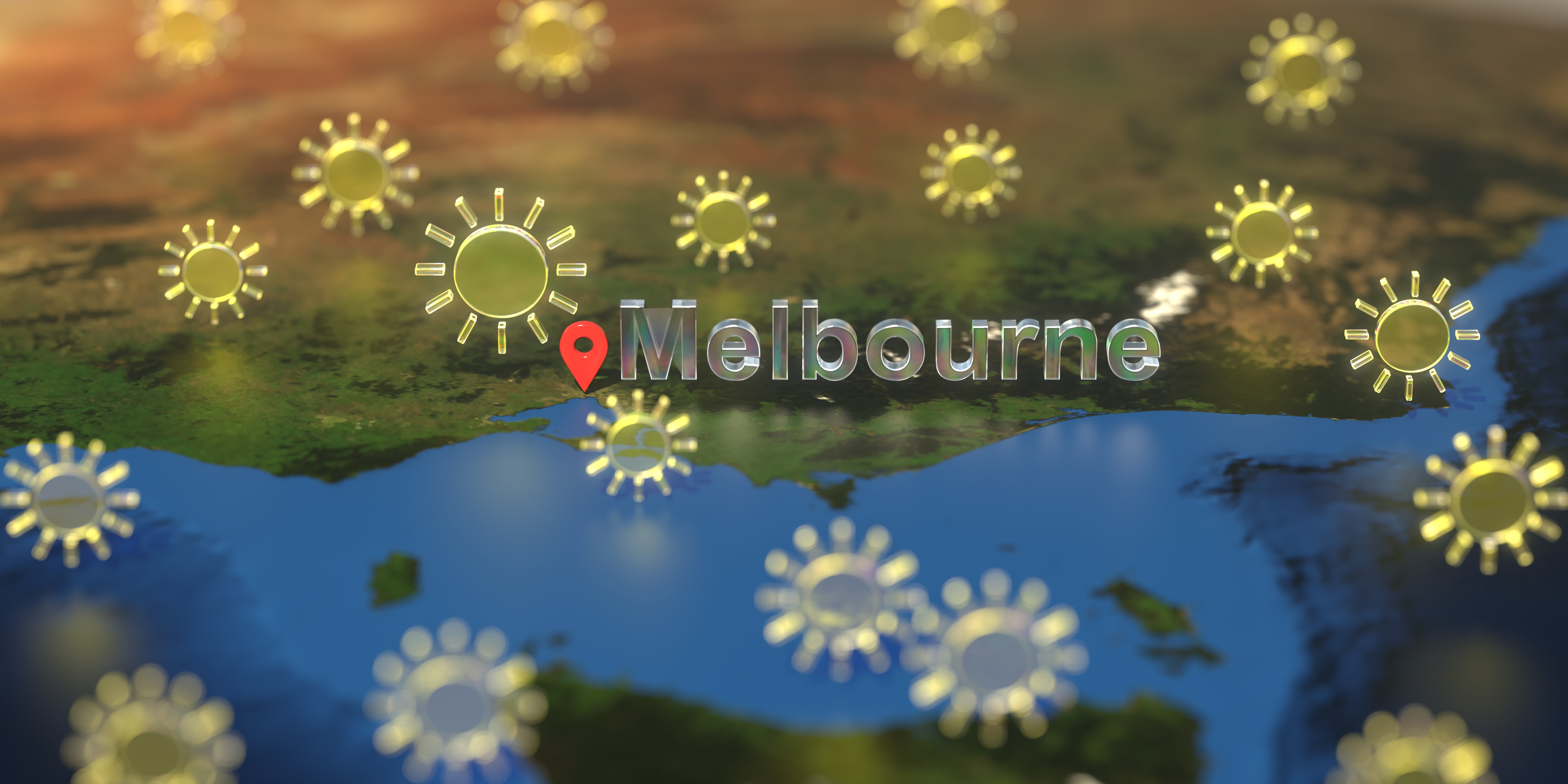 Icônes de temps ensoleillé près de la ville de Melbourne sur la carte, rendu 3D lié aux prévisions météorologiques © Alexey Novikov - stock.adobe.com