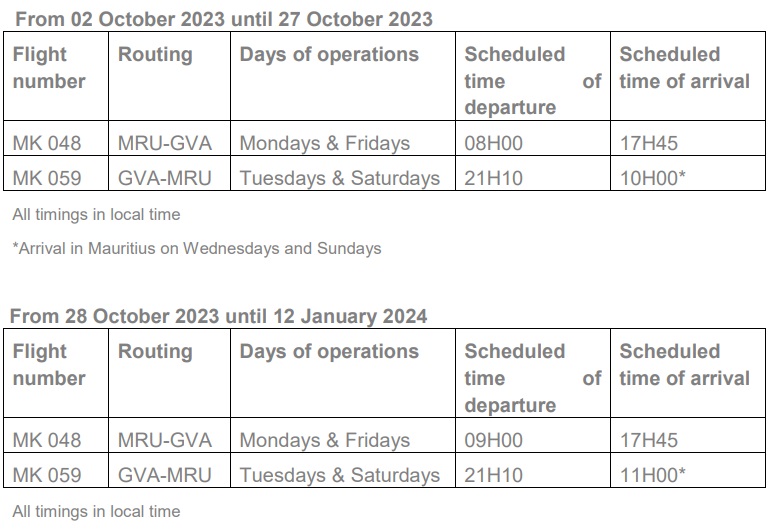 Les horaires d'Air Mauritius vers et depuis Genève -DR