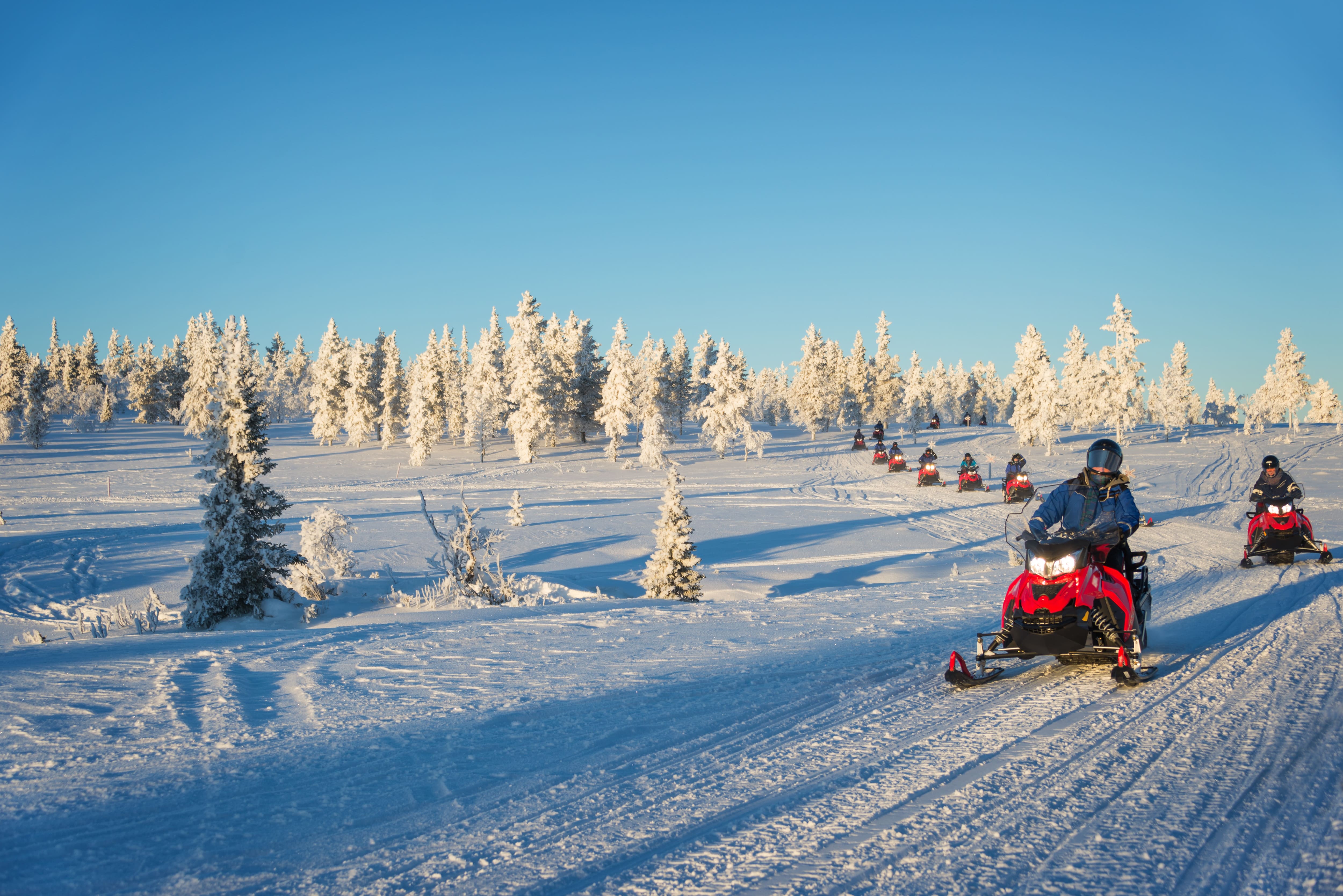 Groupe de motoneiges en Laponie, près de Saariselka, Finlande © Delphotostock - stock.adobe.com