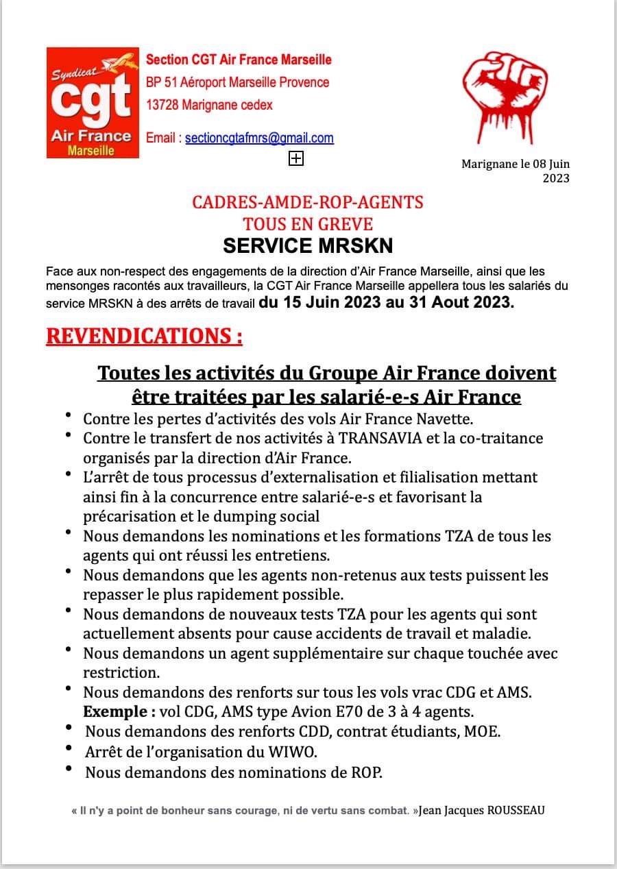 Le préavis de Grève de la CGT Air France Marseille pour s'opposer aux pertes d'activité du service navette - DR