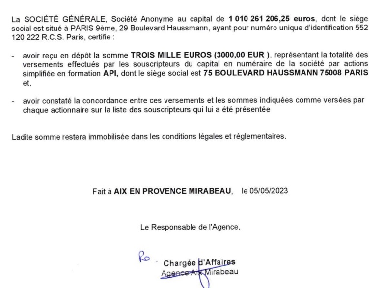 Si le RIB de TahitiVA est domicilié à la Société Générale d'Aix en Provence, c'est aussi le cas pour la société API - Capture écran de l'Attestation de dépôt des fonds