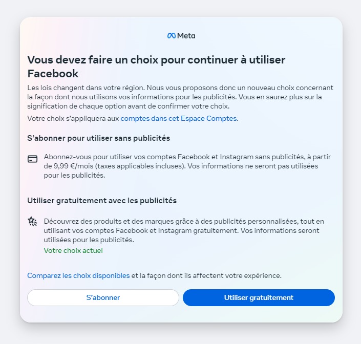 Meta propose depuis quelques jours un abonnement payant, de 9,99 euros par mois sur ordinateur et 12,99 euros mois sur smartphone - Capture écran Meta propose depuis quelques jours un abonnement payant, de 9,99 euros par mois sur ordinateur et 12,99 euros mois sur smartphone - Capture écran