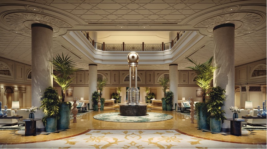 L'horloge haute de six mètres reste la pièce maîtresse du hall du Waldorf Astoria Ras Al Khaimah (Photo Waldorf Astoria)