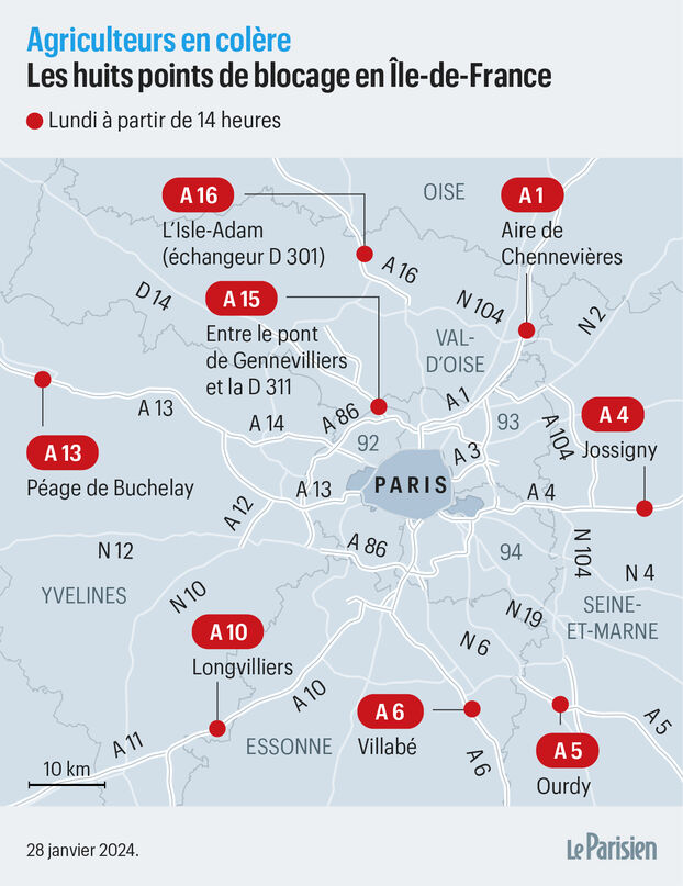 La liste des lieux de blocage autour de Paris - Crédit photo : Le Parisien