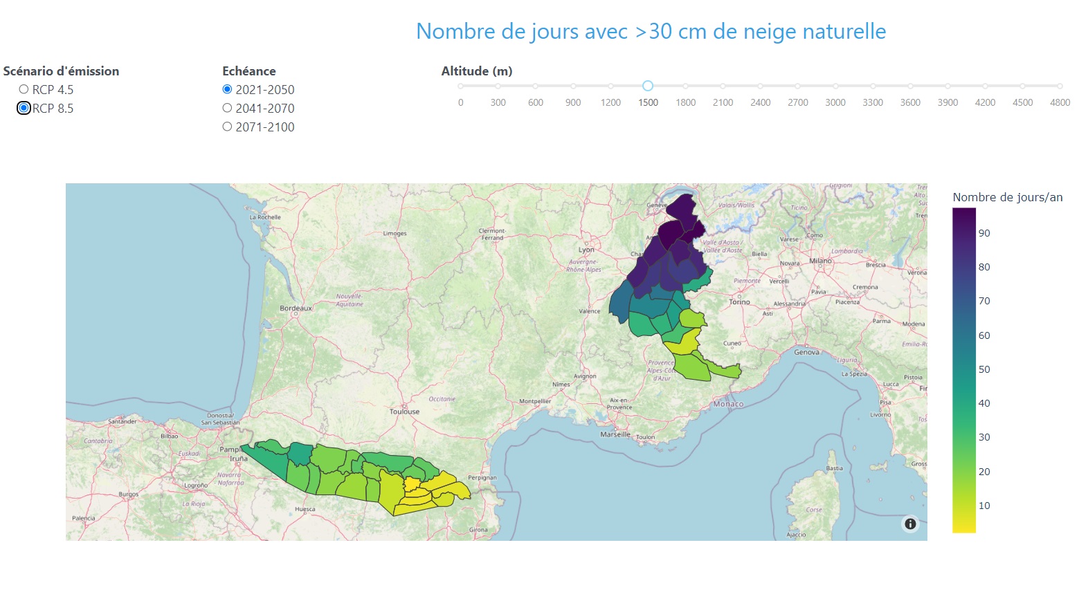 Voici les données de l'enneigement en 2050 sur un scénario pessimiste de pollution - Murmuration