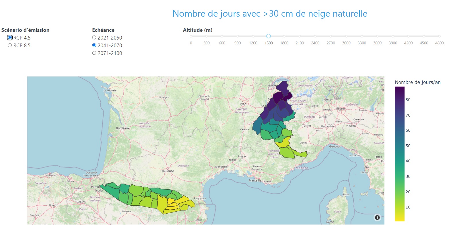 Voici les données de l'enneigement en 2070 sur un scénario intermédiaire de pollution - Murmuration Voici les données de l'enneigement en 2070 sur un scénario intermédiaire de pollution - Murmuration