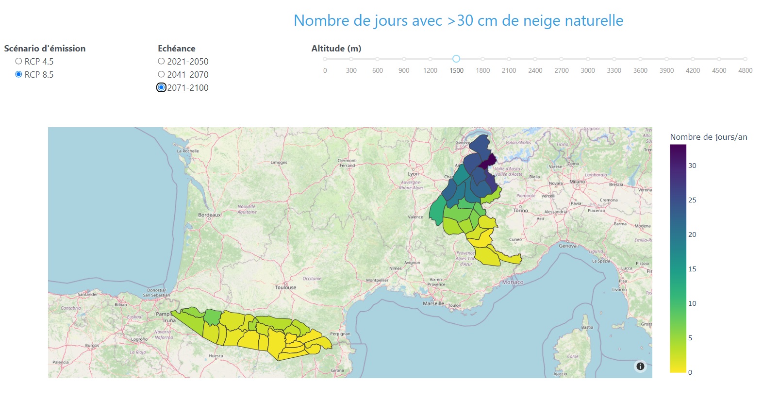 Voici les données de l'enneigement en 2100 sur un scénario intermédiaire de pollution - Murmuration Voici les données de l'enneigement en 2100 sur un scénario intermédiaire de pollution - Murmuration
