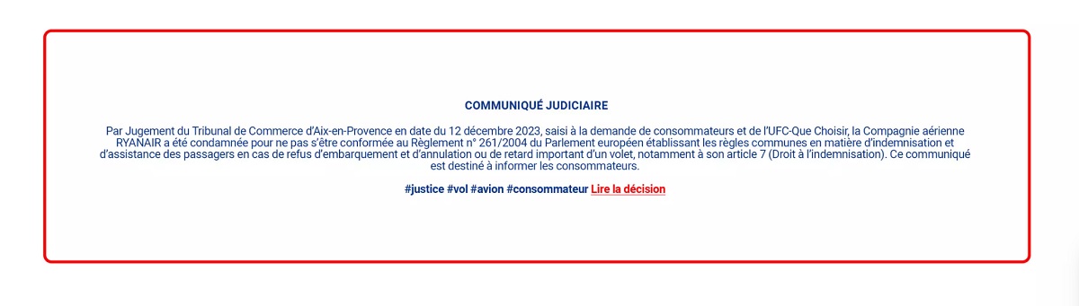 La publication du communiqué judiciaire sur le site de Ryanair - Capture d'écran site Ryanair