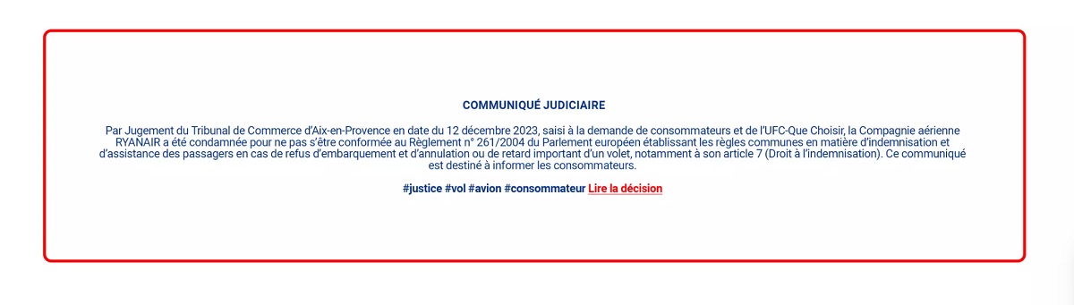 La publication du communiqué judiciaire sur le site de Ryanair - Capture d'écran site Ryanair