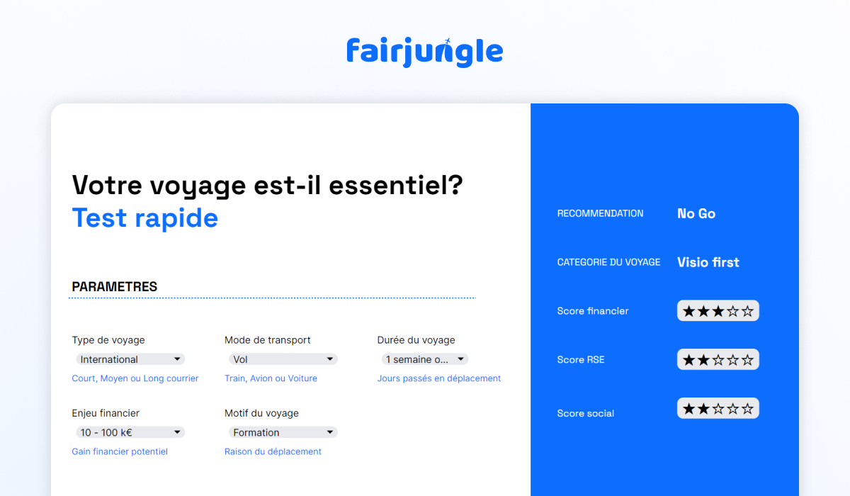 « Dans un monde idéal, il serait possible d’incentiver les agences de voyages sur les économies de carbone et de budget qu’elle permet de faire à l’entreprise, mais nous en sommes encore loin », affirme Saas Berrada, CEO de Fairjungle, qui lance un nouvel outil, le non essential travel tool. @fairjungle