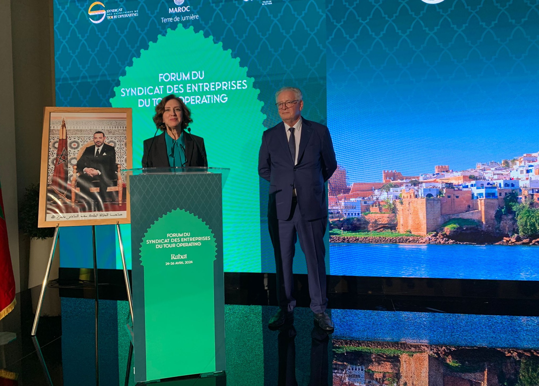 Fatim-Zahra Ammor, Ministre du Tourisme et de l'Artisanat au Maroc a ouvert le FORUM du SETO qui s'est tenu à Rabat jusqu'au 26 avril 2024 - Photo CE