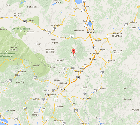 Le volcan de Colima est situé à la frontière entre les états mexicains de Jalisco etd e Colima - DR : Google Maps Le volcan de Colima est situé à la frontière entre les états mexicains de Jalisco etd e Colima - DR : Google Maps