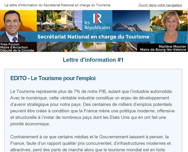 Les Républicains, dans leur newsletter, Numéro 1 s'il vous plait, affublent leur édito du titre : "Le tourisme pour l'emploi".   Signé Yves Foulon, maire d'Arcachon et député de la Gironde. A mourir de rire ! - DR : Capture d'écran Les Républicains
