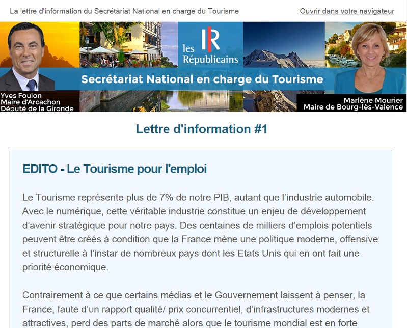 Les Républicains, dans leur newsletter, Numéro 1 s'il vous plait, affublent leur édito du titre : "Le tourisme pour l'emploi".   Signé Yves Foulon, maire d'Arcachon et député de la Gironde. A mourir de rire ! - DR : Capture d'écran Les Républicains