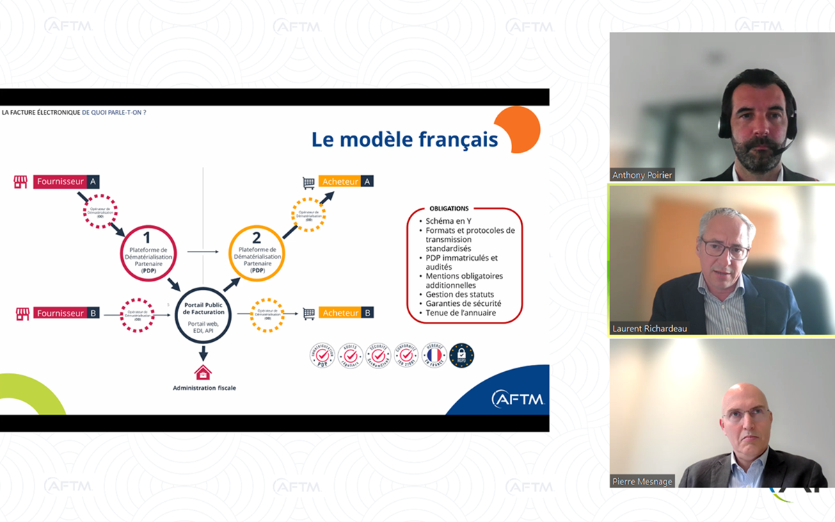 L’AFTM organisait en partenariat avec HRS, un webinar sur l’impact de la facturation électronique sur le voyage d’affaires, mardi 4 juin 2024. capture d'écran du webinaire L’AFTM organisait en partenariat avec HRS, un webinar sur l’impact de la facturation électronique sur le voyage d’affaires, mardi 4 juin 2024. capture d'écran du webinaire