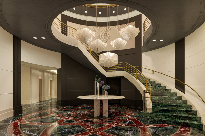 Une installation lumineuse sculpturale sera placée au centre du grand escalier, inspirée par le mouvement du tutu d'une ballerine (© Sofitel)