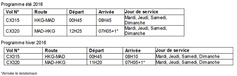 Programme des vols - Cliquez pour agrandir