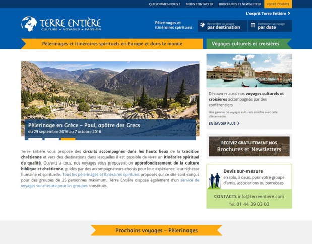 The brand Terre Entière is refocusing on pilgrimages with a website entirely dedicated to these kinds of trips. It is also linking to the Intermèdes website via a large column on the right of its homepage - DR: Screenshot Terre Entière The brand Terre Entière is refocusing on pilgrimages with a website entirely dedicated to these kinds of trips. It is also linking to the Intermèdes website via a large column on the right of its homepage - DR: Screenshot Terre Entière