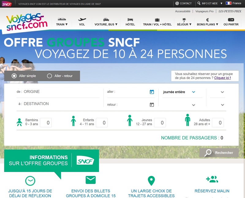La SNCF lance un tout nouvel outi pour la réservation en ligne des groupes de 10 à 24 passagers sur Voyages-SNCF.com mais aussi sur Feria. - Capture écran