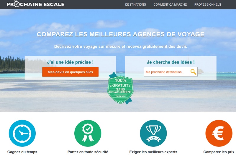 Prochaine-escale.com ne cache pas ses ambitions. Le site vise d'ici 3 ans, 2% de part de marché du segment des voyages sur mesure vendus par les tour-opérateurs et les agences de voyages - Capture Ecran