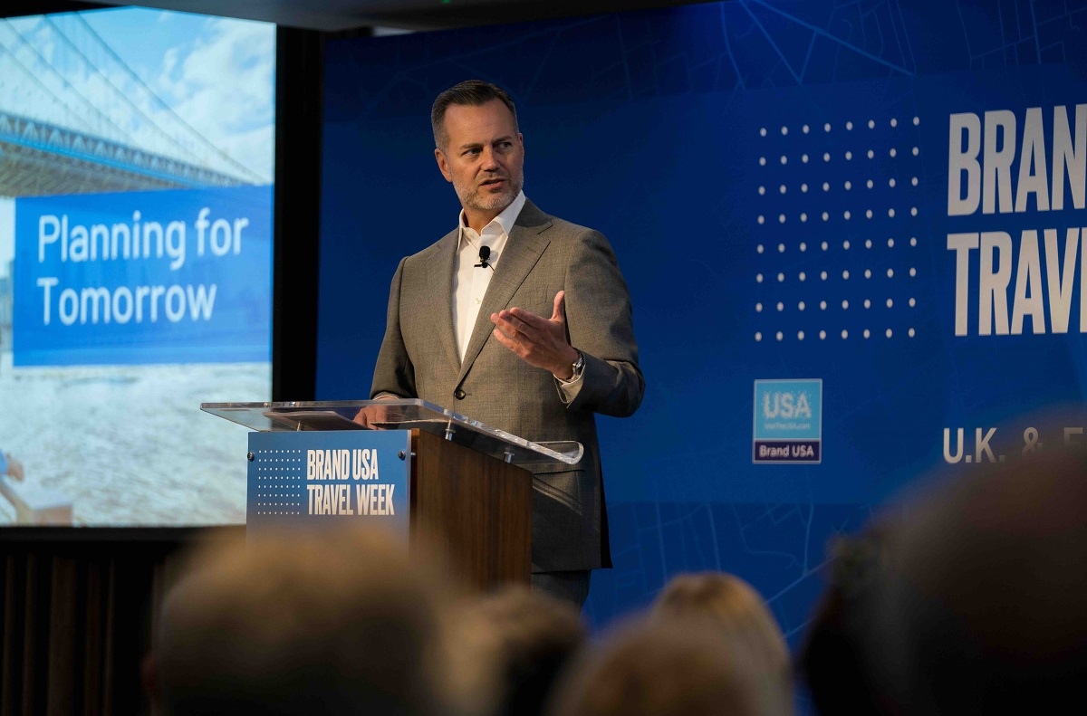 Fred Dixon, President & CEO de Brand USA lors de son discours d'ouverture de la Brand USA Travel Week UK & Europe 2024 à Londres, Royaume-Uni. - Photo Brand USA Fred Dixon, President & CEO de Brand USA lors de son discours d'ouverture de la Brand USA Travel Week UK & Europe 2024 à Londres, Royaume-Uni. - Photo Brand USA