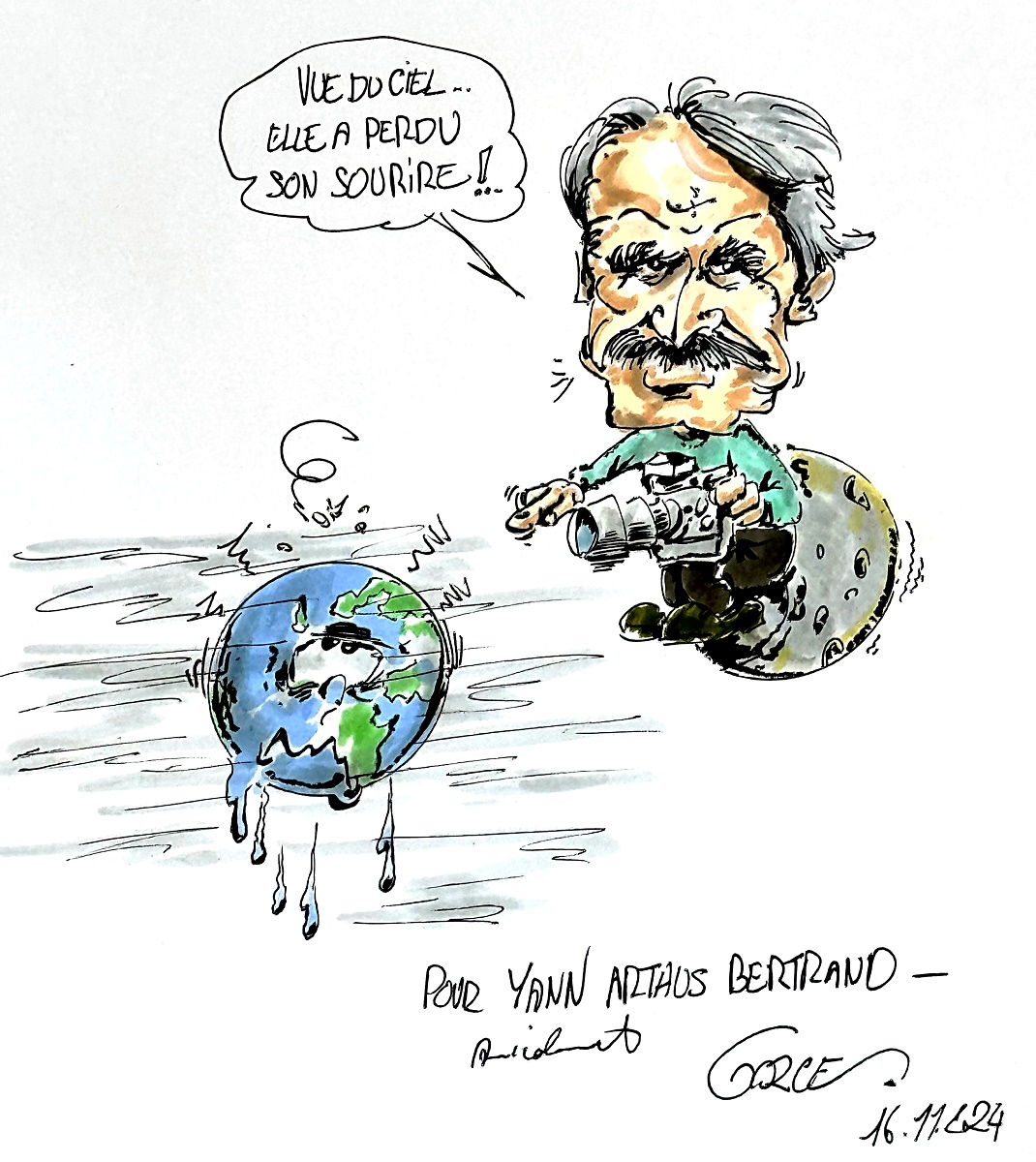 Yann Arthus-Bertrand vu par Jean-Louis Gorce, dessinateur de presse, co-auteur de L’eau bien commun du vivant avec Dum et Jean-Pierre Wauquiez - Crédit : Jean-Louis Gorce