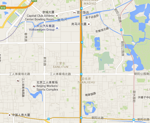 Le quartier de Sanlitun, dans le centre de Pékin, est généralement très fréquenté par les étrangers - DR : Google Maps