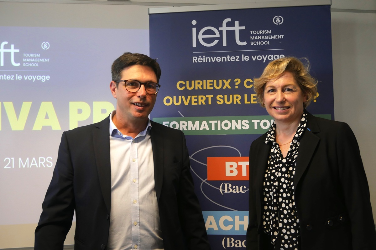 Nathalie Delattre, ministre déléguée au Tourisme, a rencontré les étudiants de l’IEFT, vendredi 21 mars 2025, pendant la Semaine des métiers du tourisme. A gauche, Julien Brillat, directeur de l’établissement - Photo : IEFT