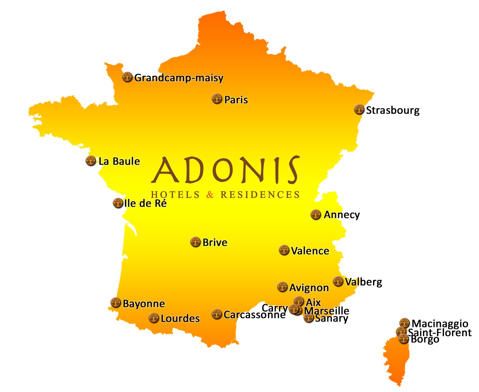 Carte des établissements Adonis Hotels & Résidences en France